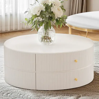 White Round Wheeled Round Wood Drawer Coffee Table Image - 7