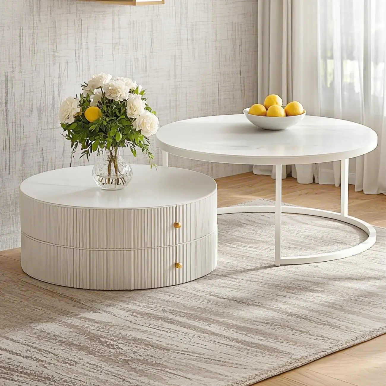 White Round Wheeled Round Wood Drawer Coffee Table Image - 8