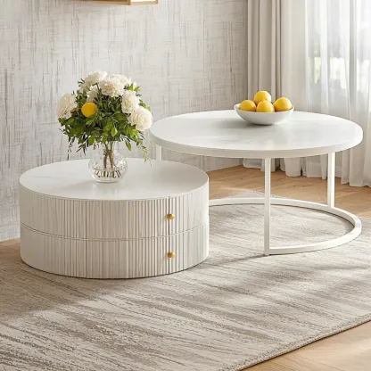 White Round Wheeled Round Wood Drawer Coffee Table Image - 8