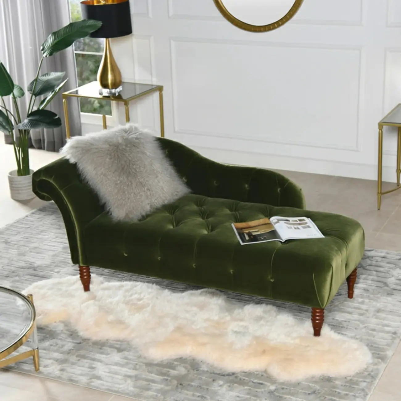 Luxurious Green Velvet Tufted Chaise Lounge for Living Room Image - 1 | homeyfad