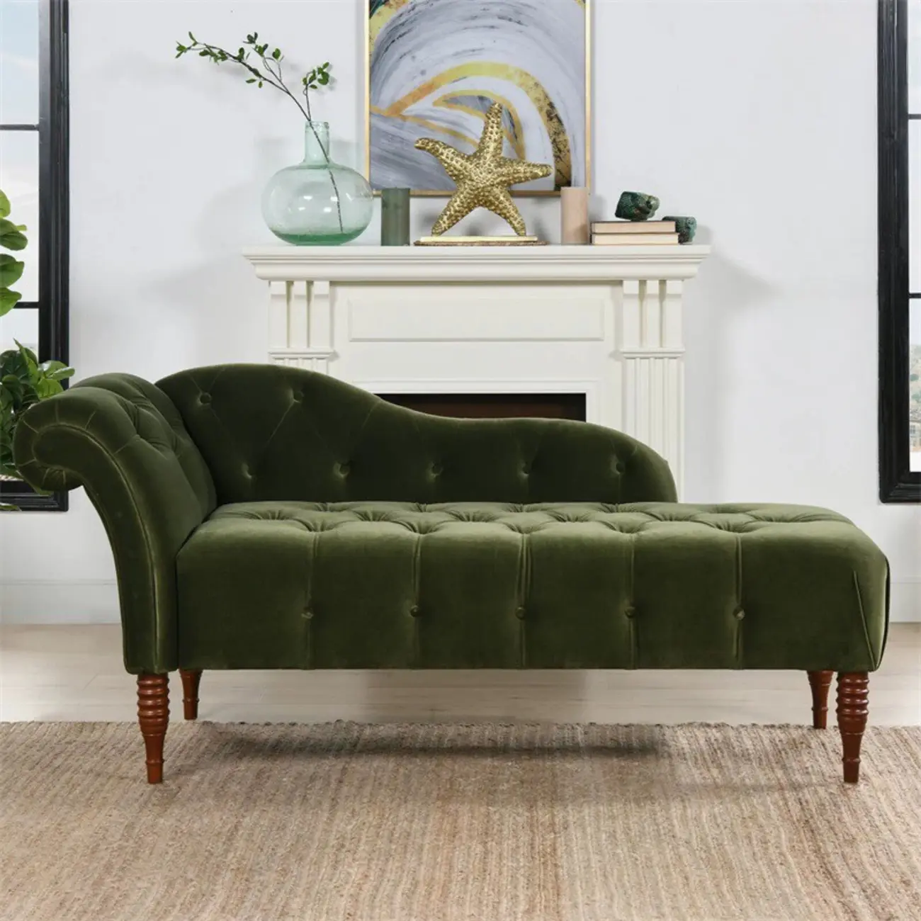 Luxurious Green Velvet Tufted Chaise Lounge for Living Room Image - 2 | homeyfad