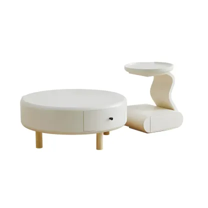 White Round Elegant Modern Wood Drawer Coffee Table Image - 10