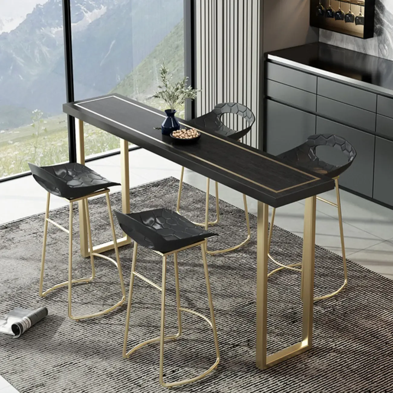 Glam Black Pine Wood Gold Iron Sled Bar Tables Image - 3