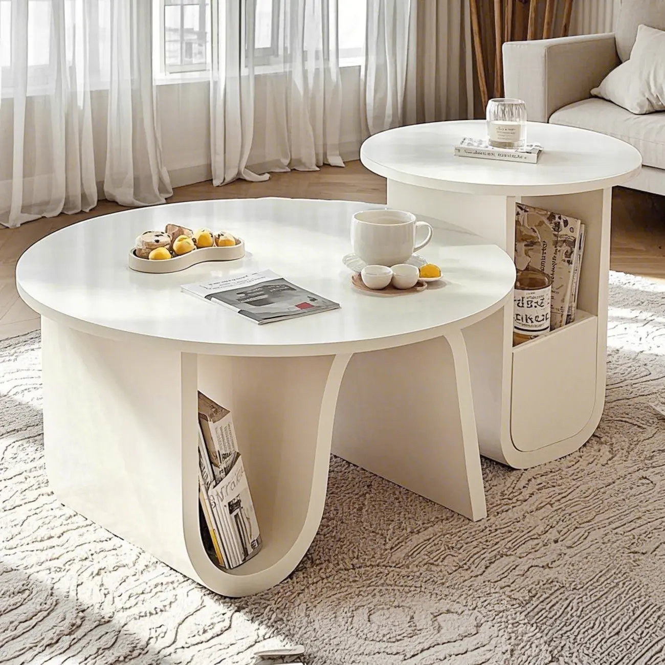 Scandinavian Chic Cream Round Wood Coffee Table with Drawer Image - 1 | homeyfad