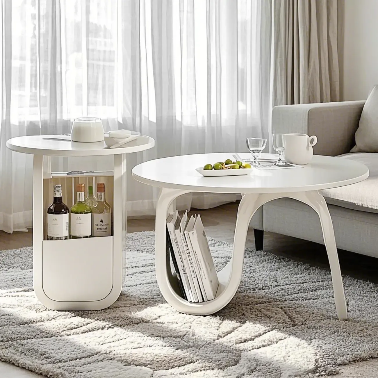 Scandinavian Chic Cream Round Wood Coffee Table with Drawer Image - 2