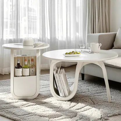 Scandinavian Chic Cream Round Wood Coffee Table with Drawer Image - 2