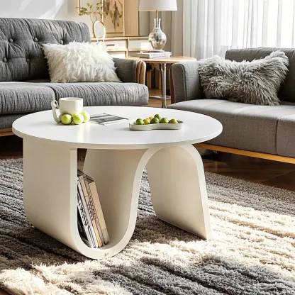 Scandinavian Chic Cream Round Wood Coffee Table with Drawer Image - 4
