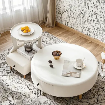 White Round Elegant Modern Wood Drawer Coffee Table Image - 1