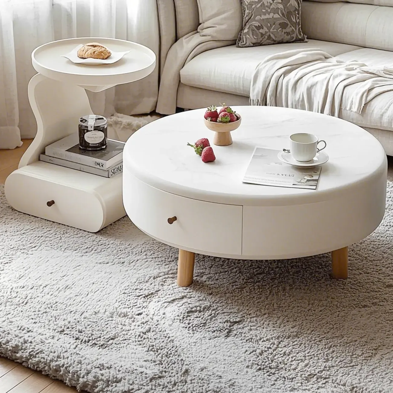 White Round Elegant Modern Wood Drawer Coffee Table Image - 2