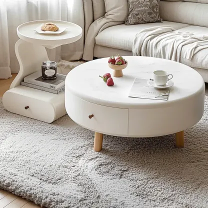 White Round Elegant Modern Wood Drawer Coffee Table Image - 2