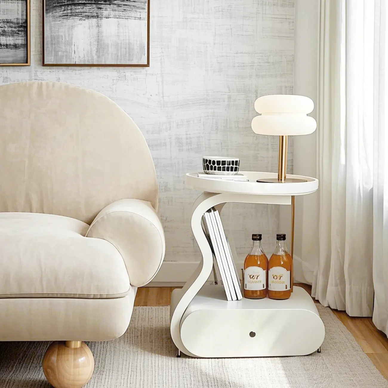 White Round Elegant Modern Wood Drawer Coffee Table Image - 3 | homeyfad