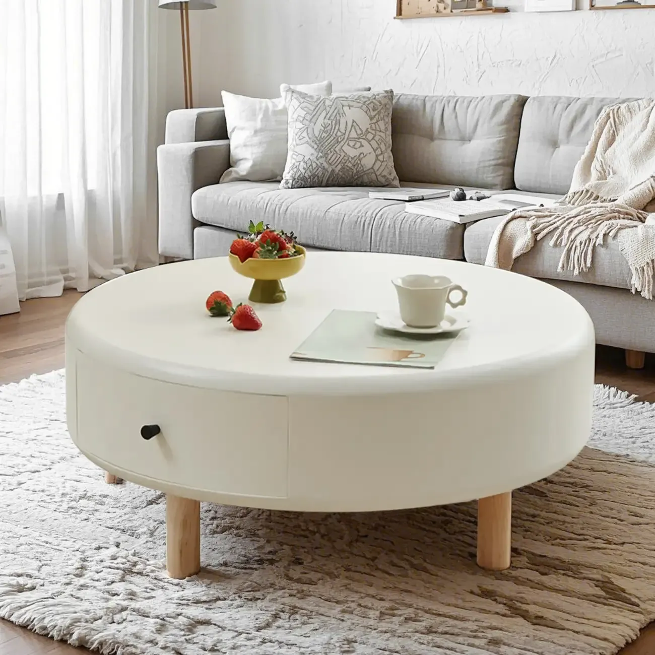 White Round Elegant Modern Wood Drawer Coffee Table Image - 4