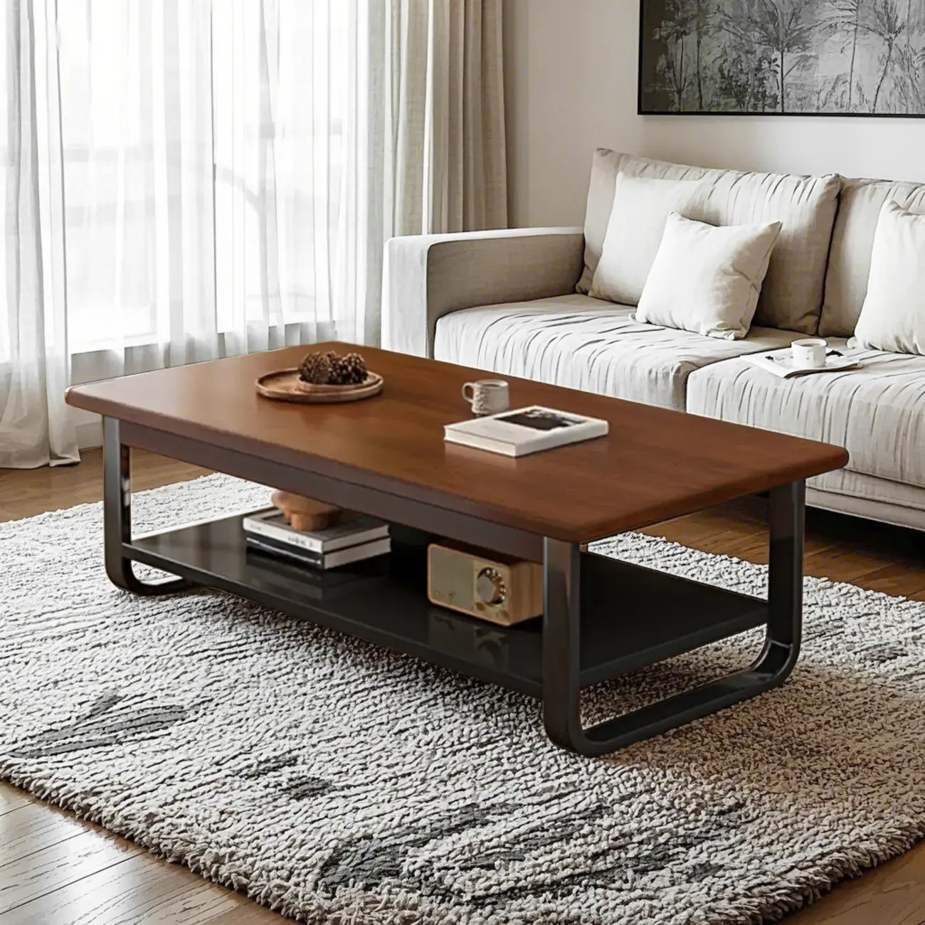 Industrial Walnut Brown Wood Black Metal Shelf Coffee Table Image - 1 | homeyfad