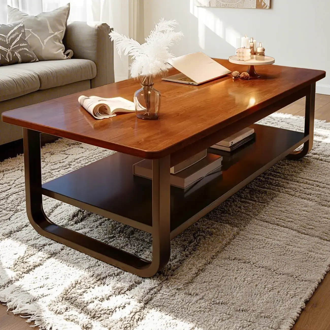 Industrial Walnut Brown Wood Black Metal Shelf Coffee Table Image - 2 | homeyfad
