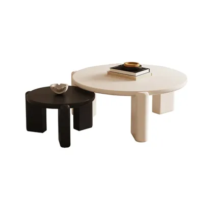 Black White Triple Leg Round Wood Coffee Table Image - 6