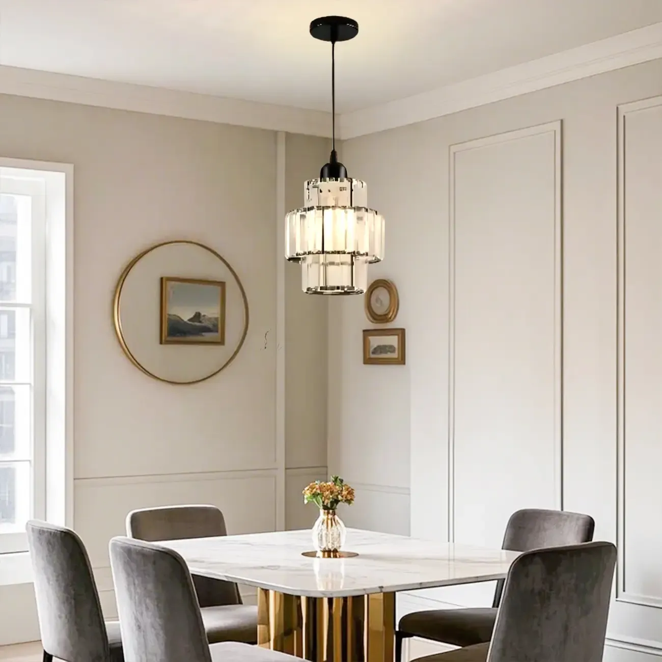 Elegant Clear Crystal Cylinder Pendant Light for Dining Room Image - 2