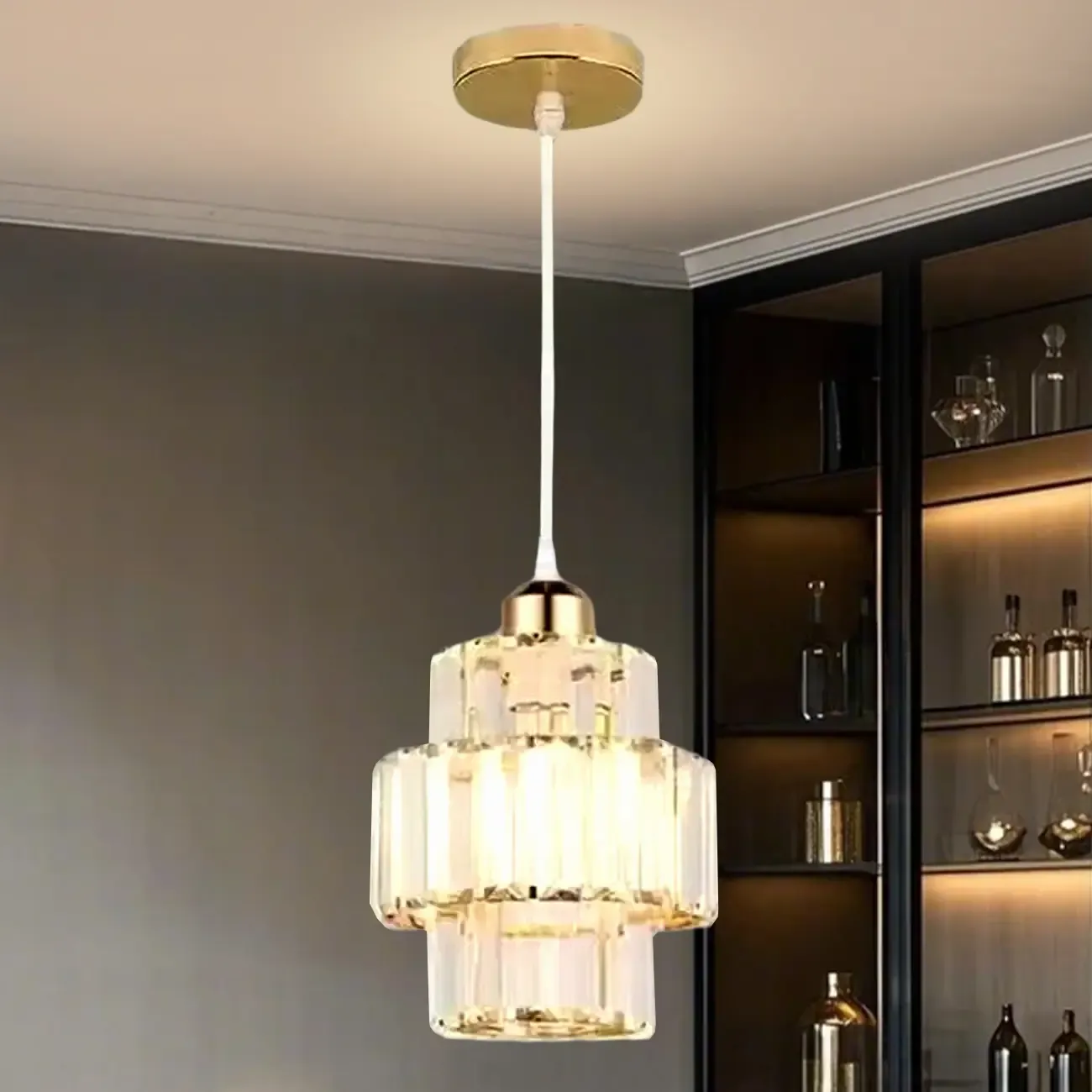 Elegant Clear Crystal Cylinder Pendant Light for Dining Room Image - 6