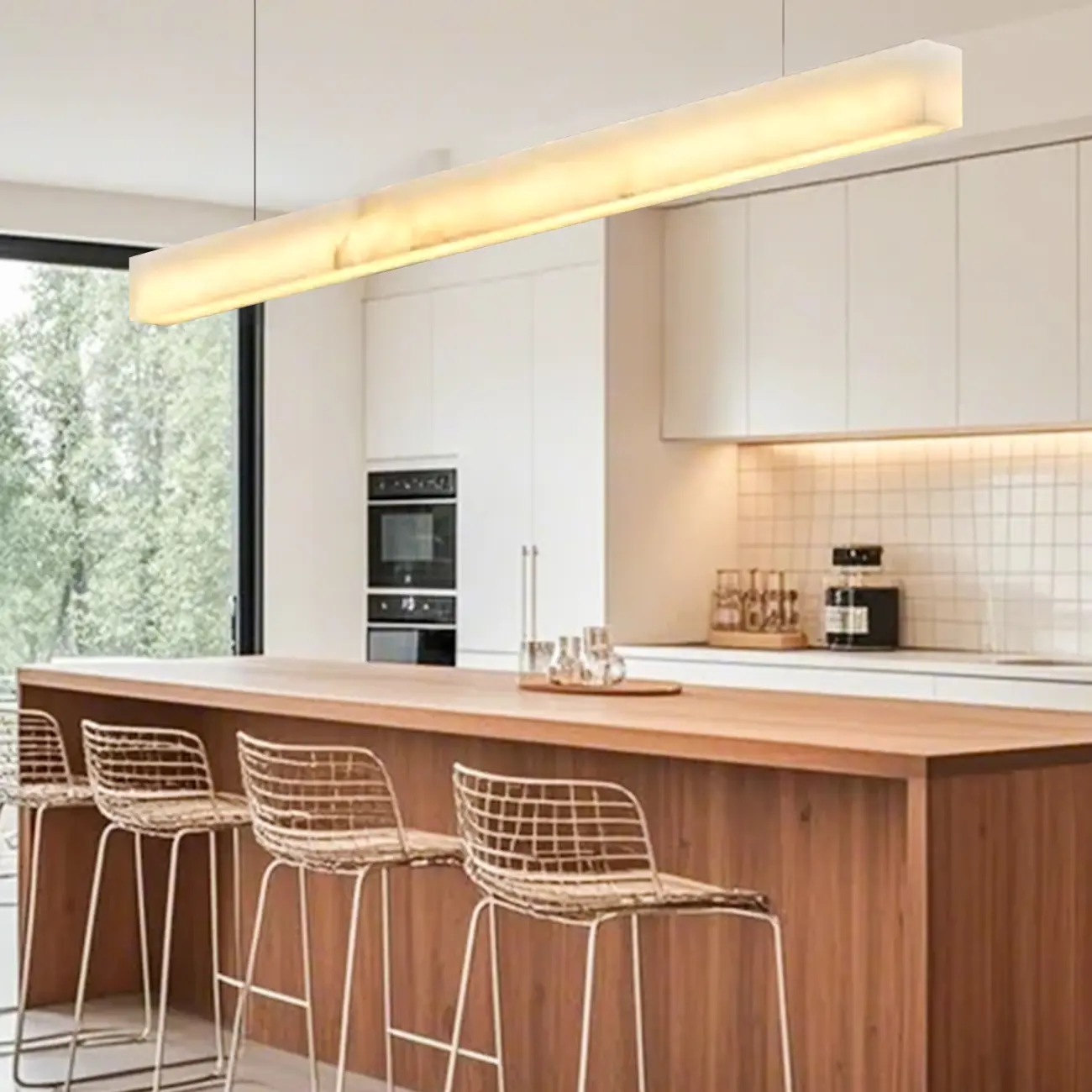 White Stone Linear LED Island Pendant Light In Rectangle Shape Image - 1 | homeyfad