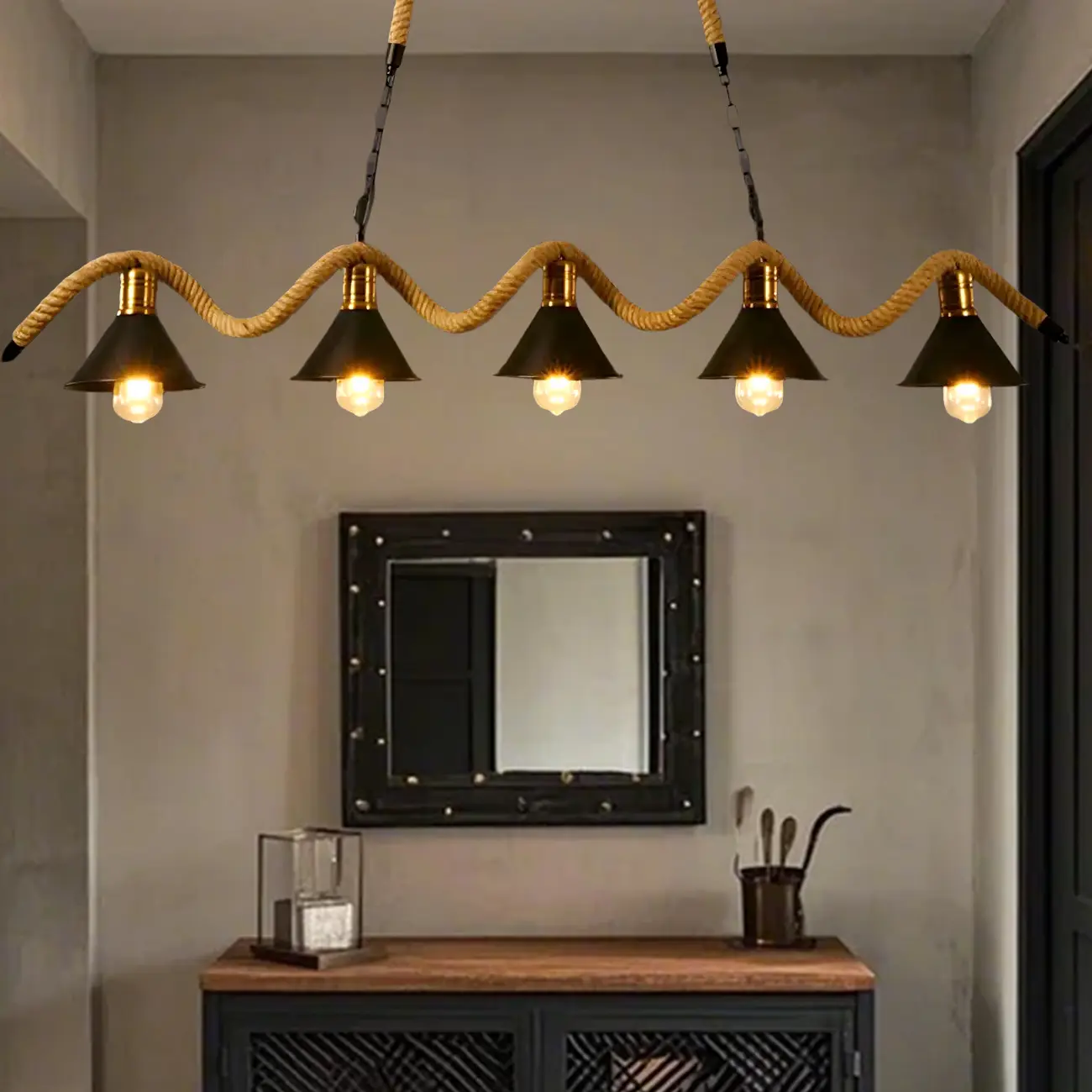 Industrial Metal Hemp Rope Pendant Light Image - 2 | homeyfad