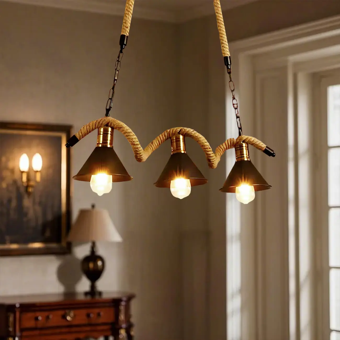 Industrial Metal Hemp Rope Pendant Light Image - 5 | homeyfad