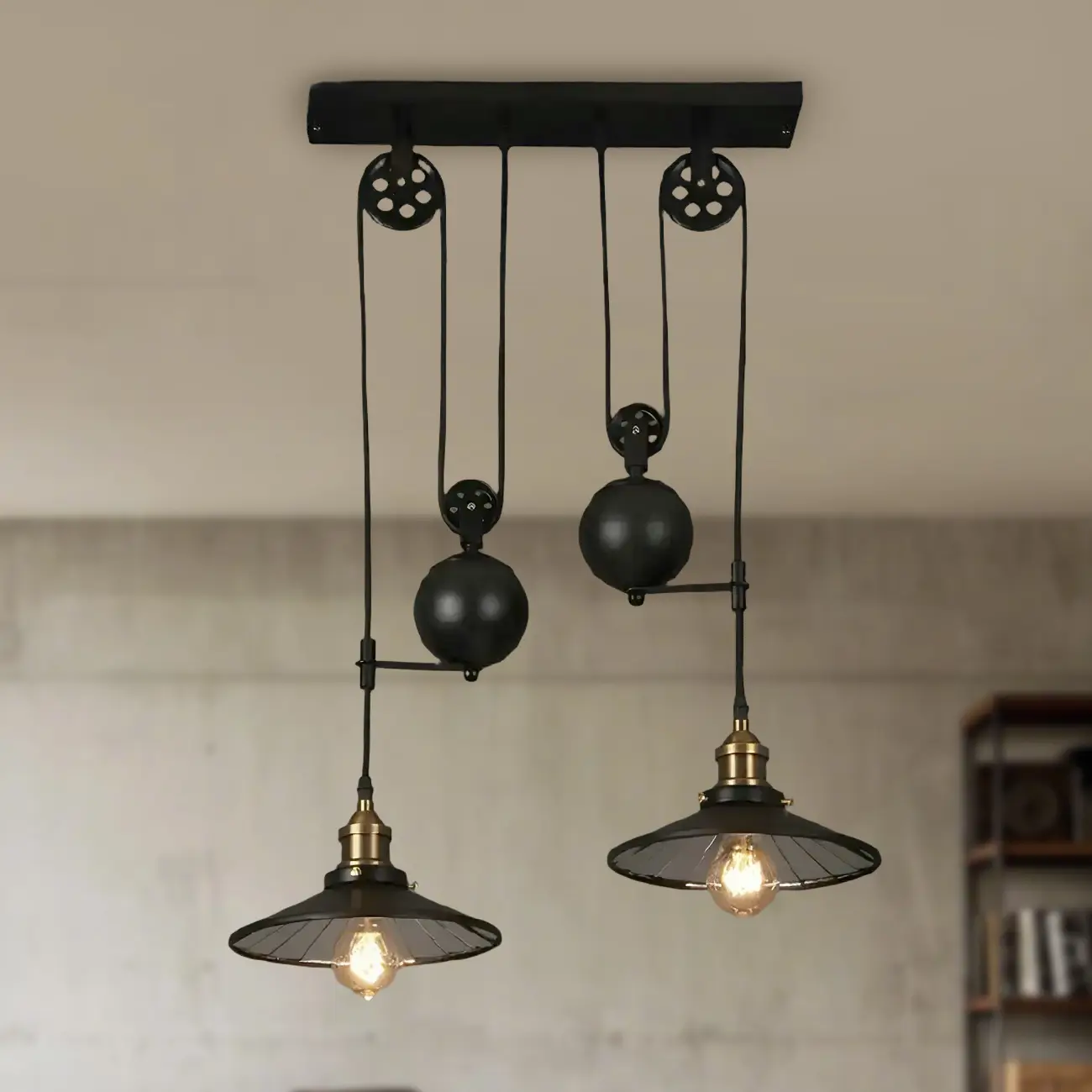 Industrial Black Metal Pulley Pendant Light for Kitchen Image - 1 | homeyfad