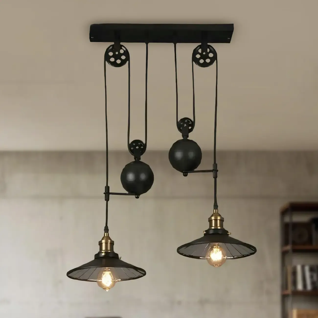 Industrial Black Metal Pulley Pendant Light for Kitchen Image - 1