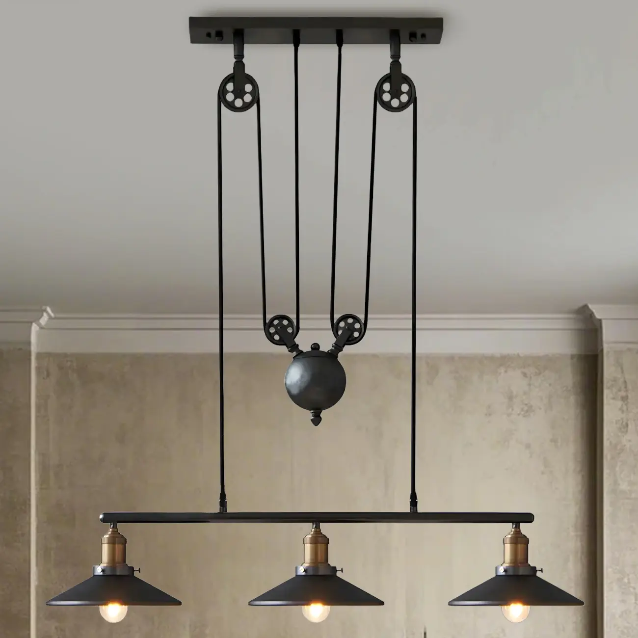 Industrial Black Metal Pulley Pendant Light for Kitchen Image - 2 | homeyfad