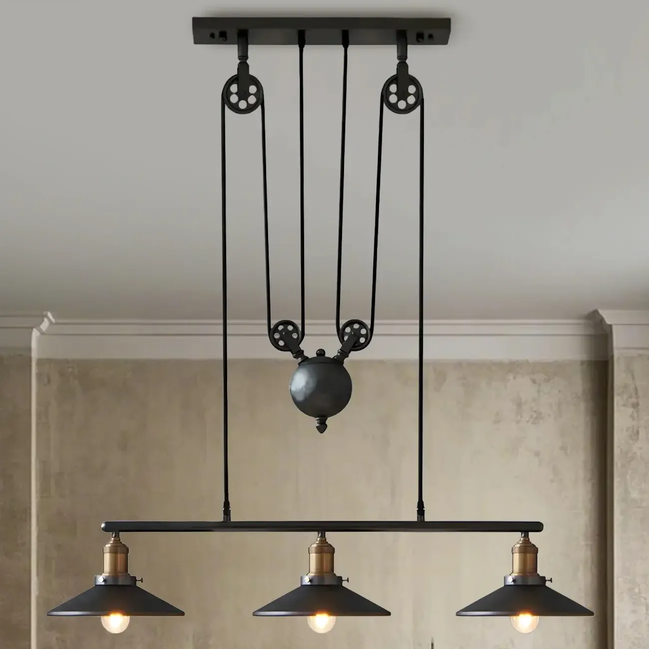 Industrial Black Metal Pulley Pendant Light for Kitchen Image - 2