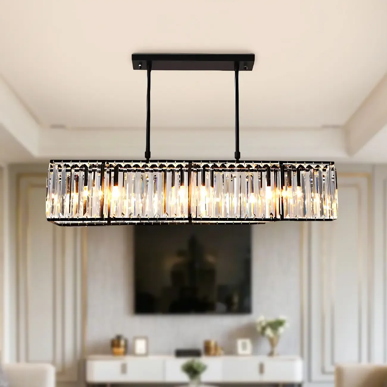 Modern Crystal Rectangular Island Pendant Light for Kitchen Image - 2