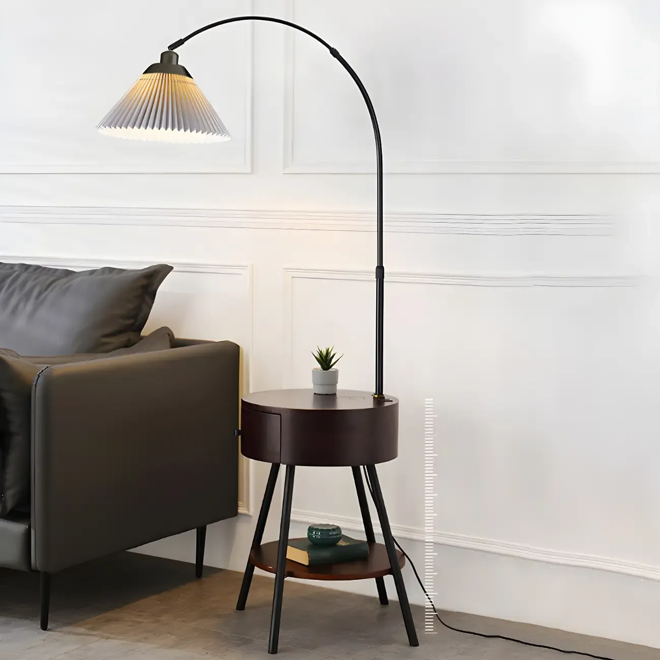 Adjustable Wooden Arc Floor Lamp with Geometric Shade Image - 4