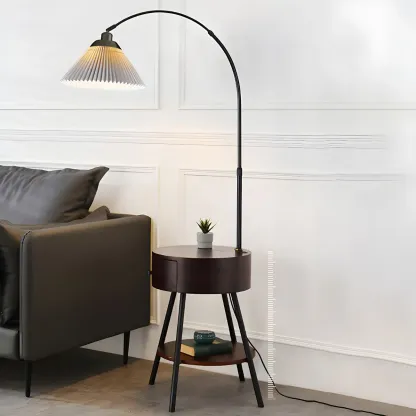 Adjustable Wooden Arc Floor Lamp with Geometric Shade Image - 4