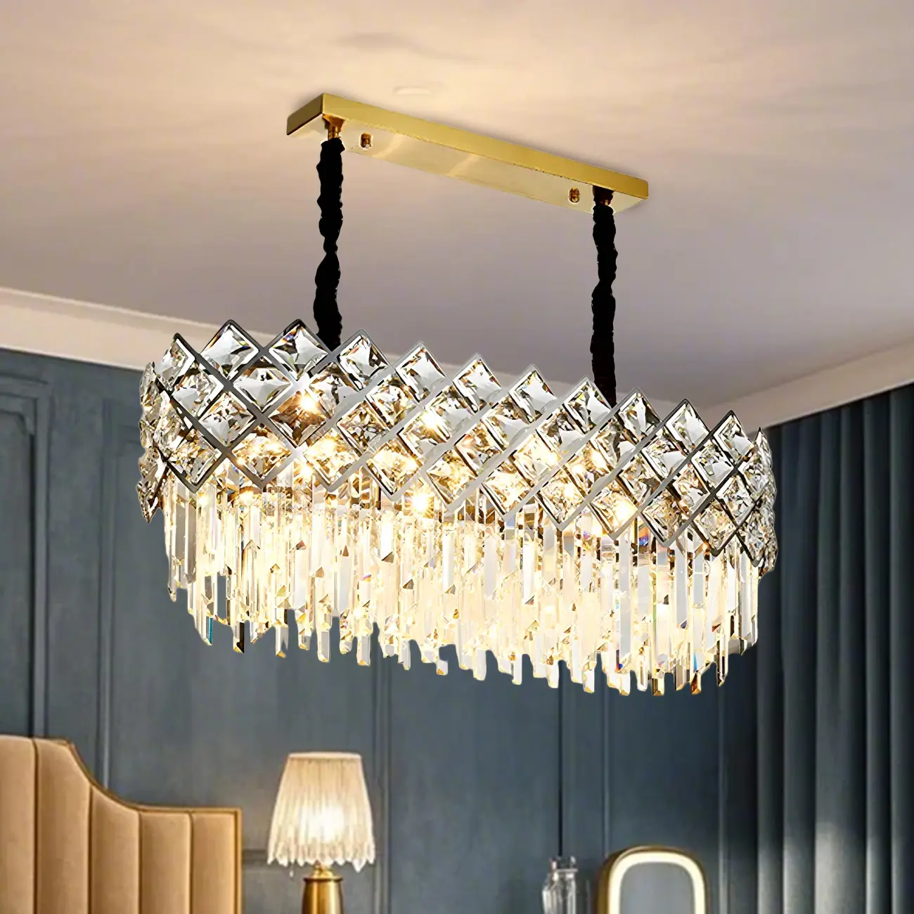 Kitchen Modern Crystal Oval Island Pendant Light Image - 1 | homeyfad