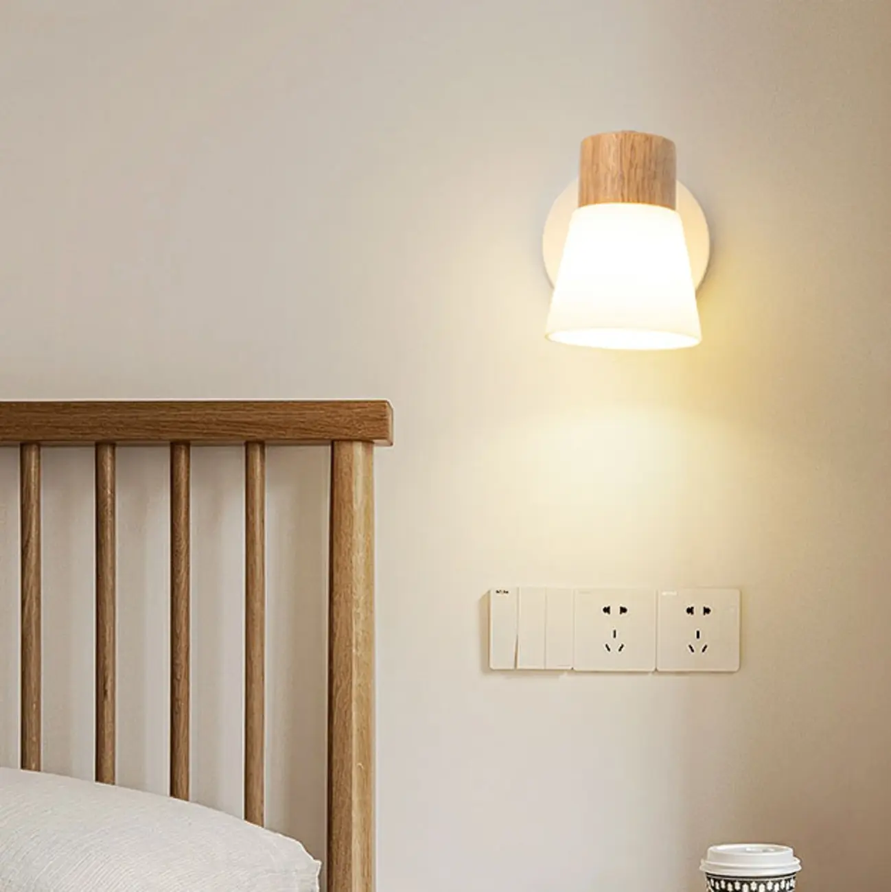 Mini White Natural Wood Metal Wall Sconce Image - 3 | homeyfad