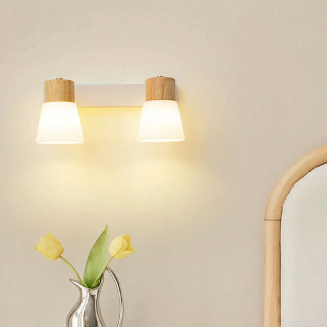 Mini White Natural Wood Metal Wall Sconce Image - 9 | homeyfad