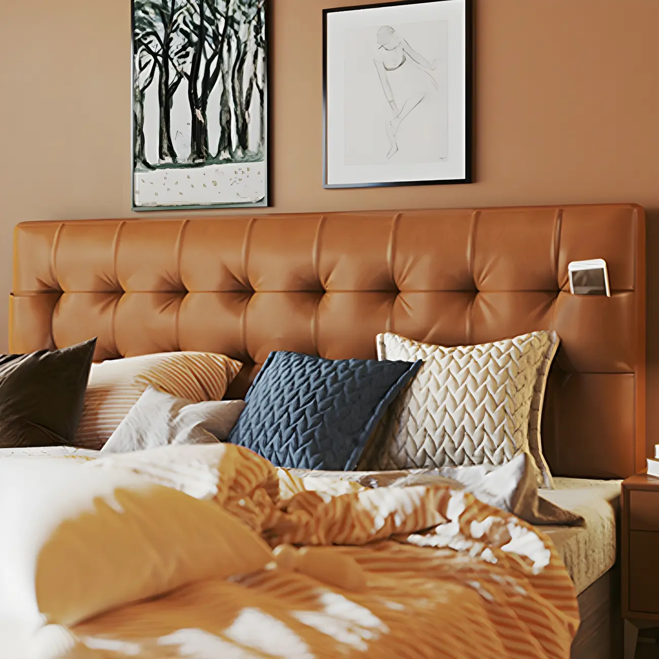 Orange Diamond Tufted Upholstered Headboard with 2 Pockets Image - 2 | homeyfad