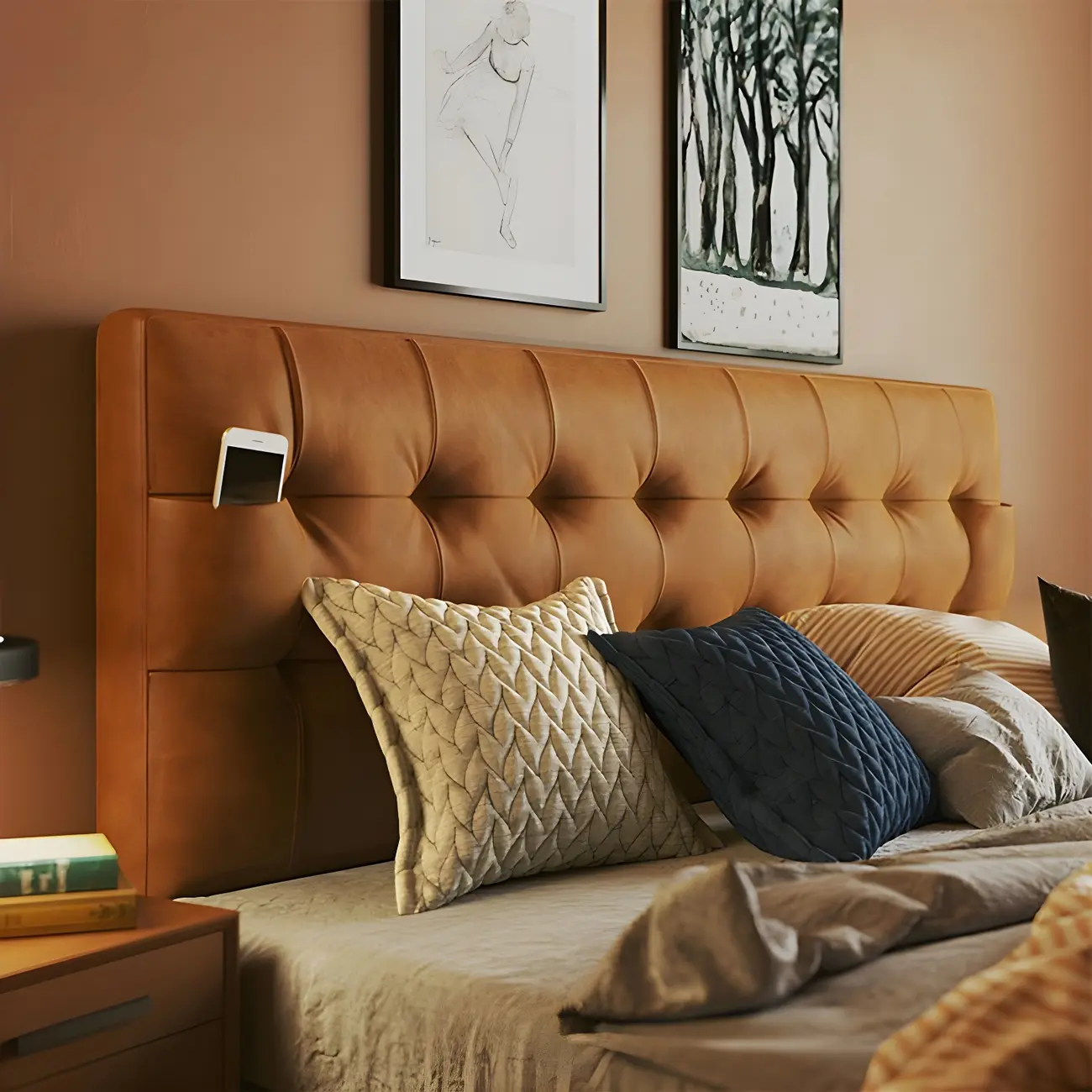 Orange Diamond Tufted Upholstered Headboard with 2 Pockets Image - 1 | homeyfad