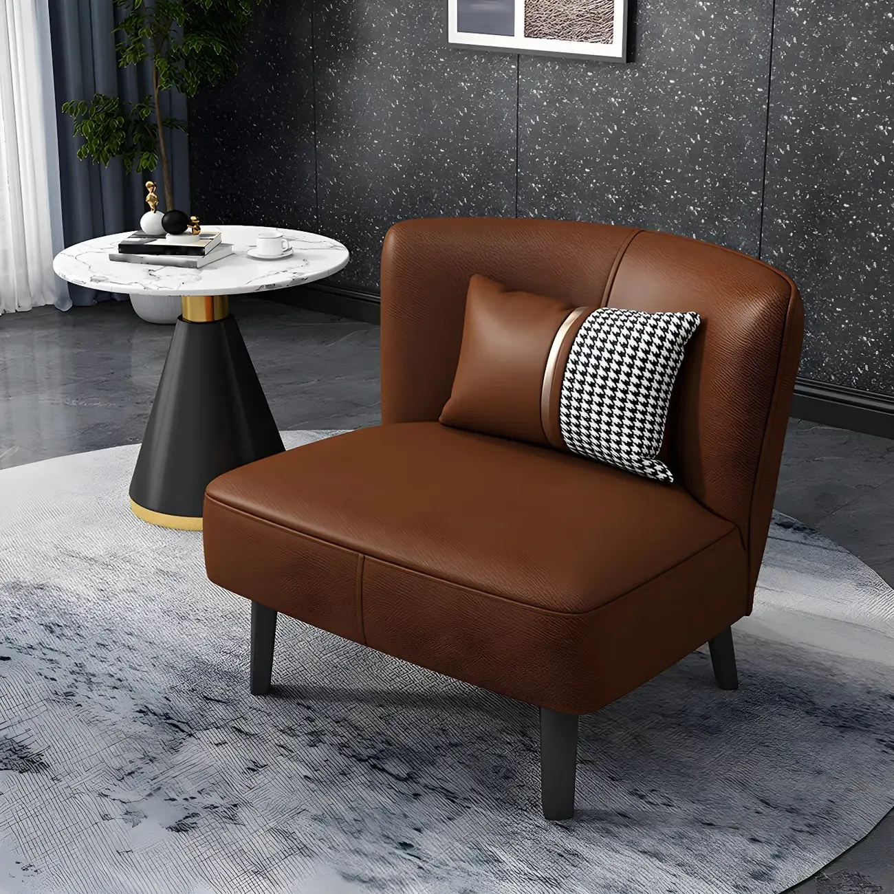 Stylish Brown PU Leather Accent Chair with Pillow for Living Room Image - 3