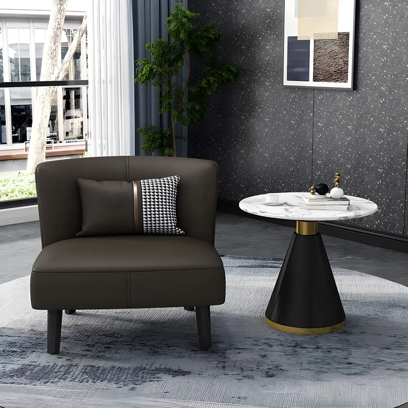 Stylish Brown PU Leather Accent Chair with Pillow for Living Room Image - 7