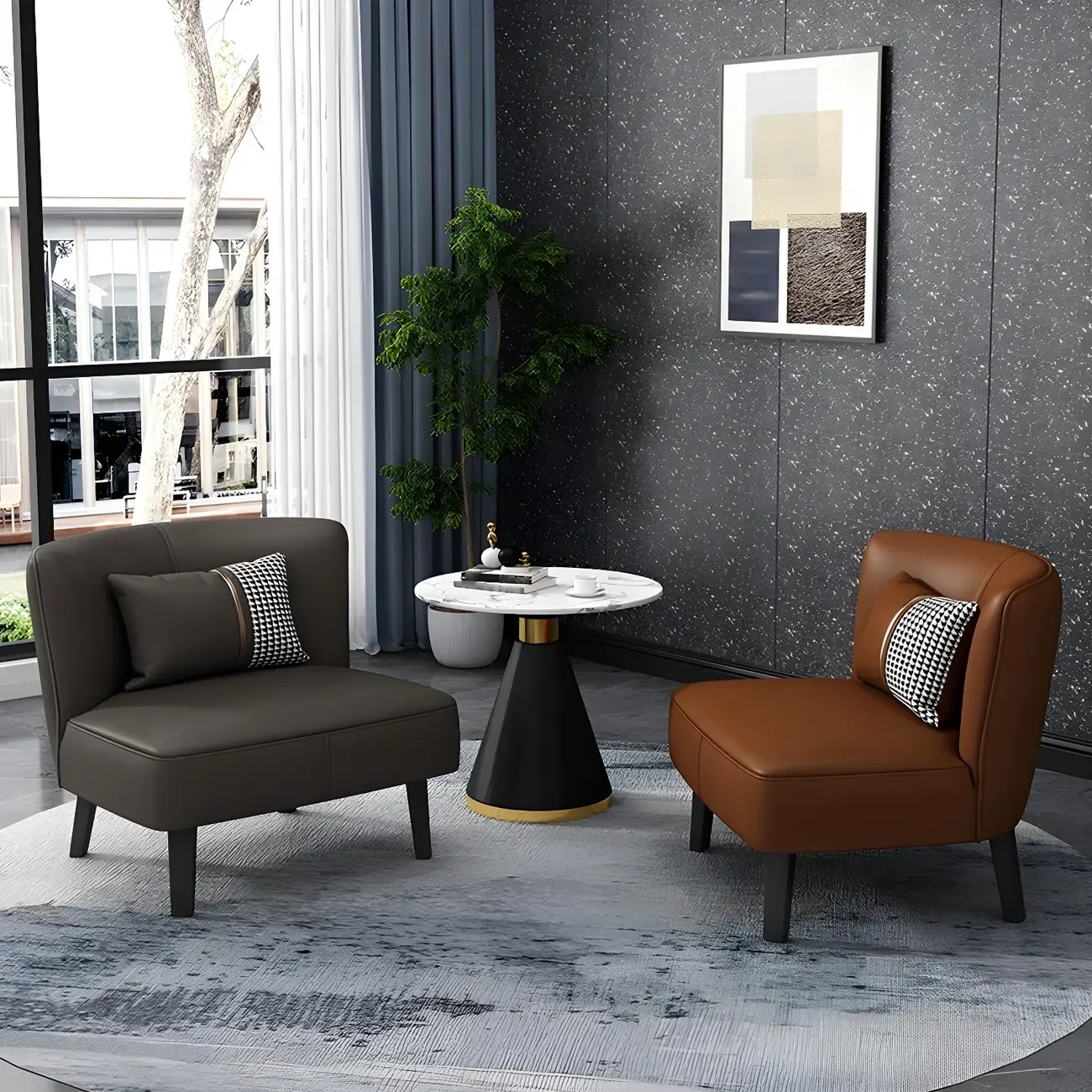 Stylish Brown PU Leather Accent Chair with Pillow for Living Room Image - 2