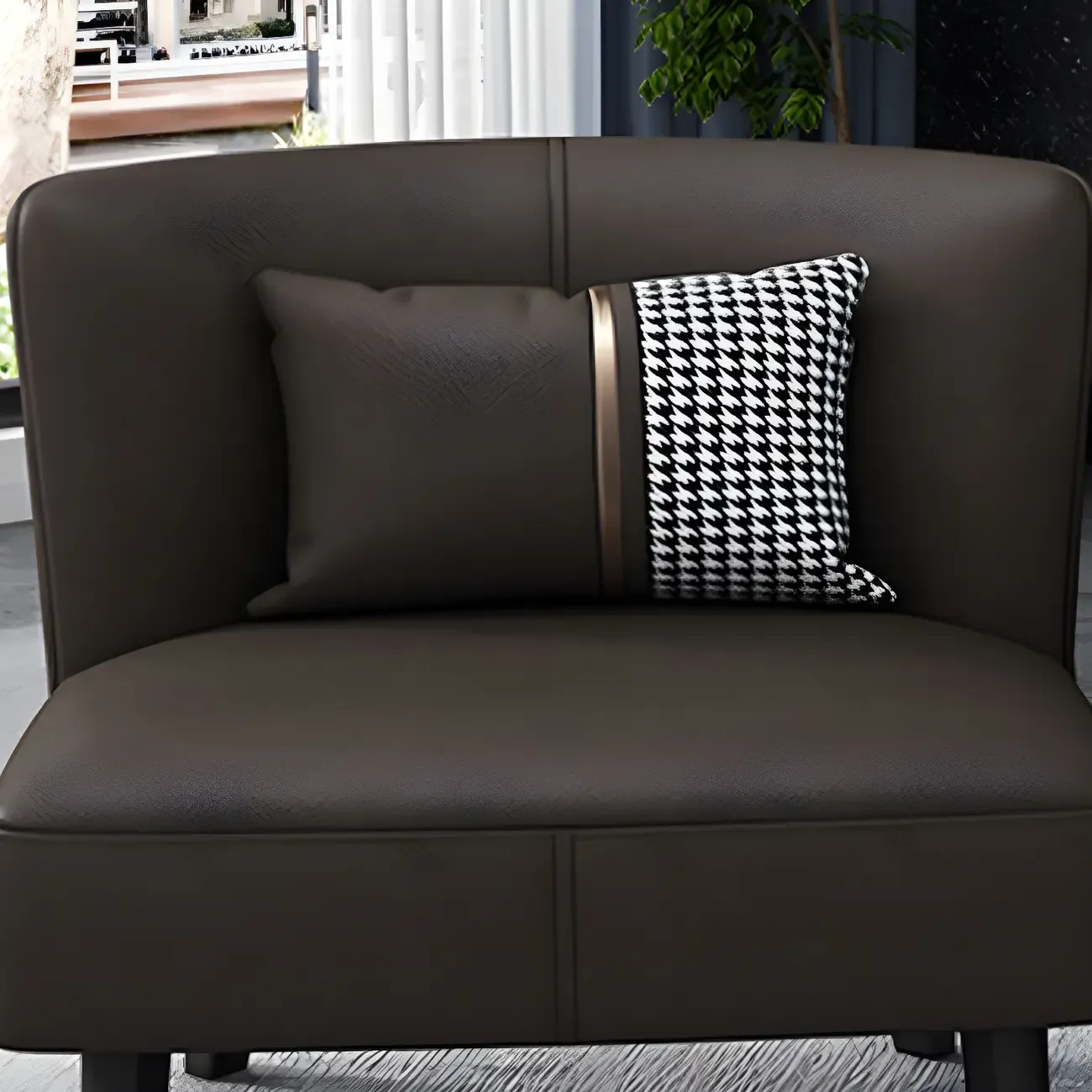 Stylish Brown PU Leather Accent Chair with Pillow for Living Room Image - 14