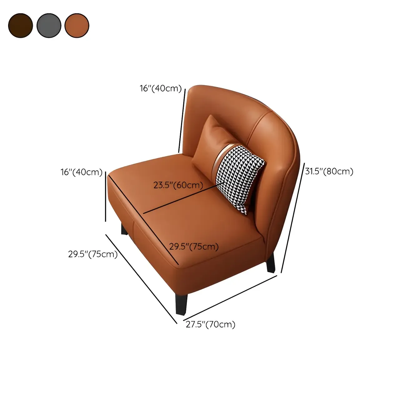 Stylish Brown PU Leather Accent Chair with Pillow for Living Room #size