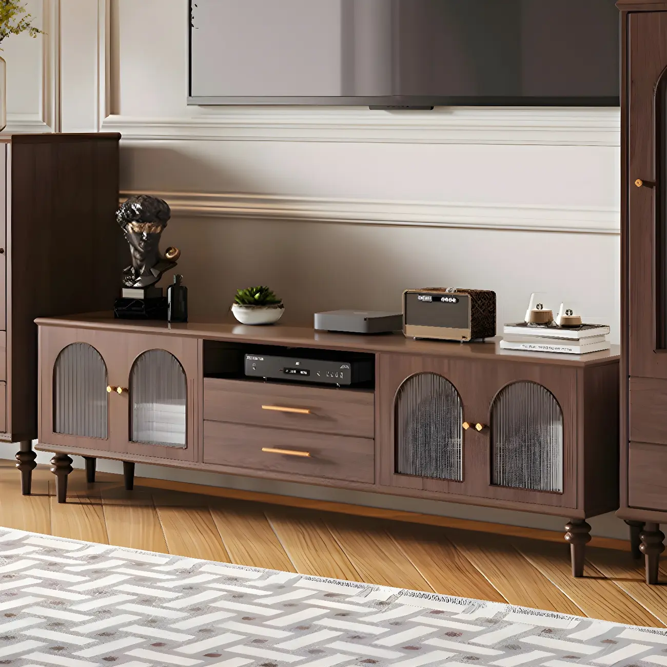 Traditional Wooden Mueble Para TV Stand with Drawers & Cabinet Image - 4 | homeyfad