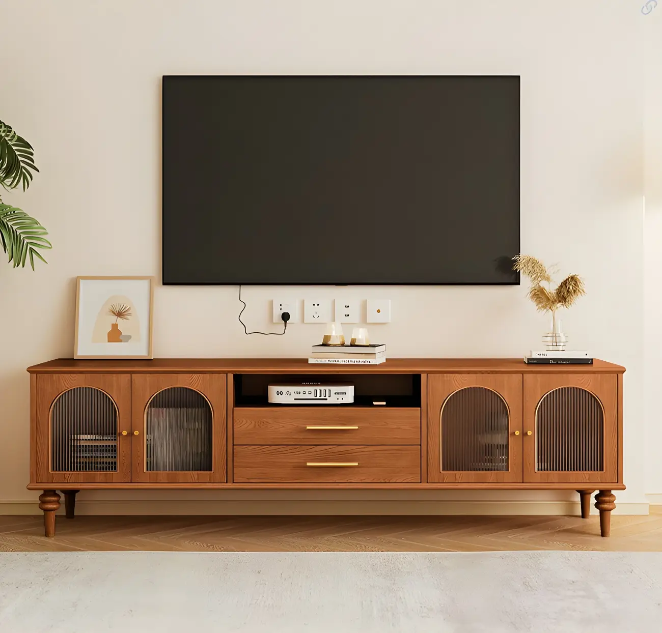 Traditional Wooden Mueble Para TV Stand with Drawers & Cabinet Image - 8 | homeyfad