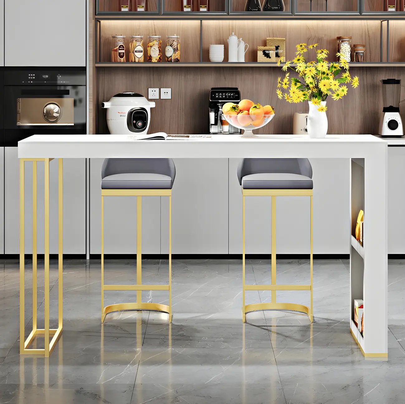 Modern White Stone Gold Metal Bar Table with Storage Image - 1 | homeyfad