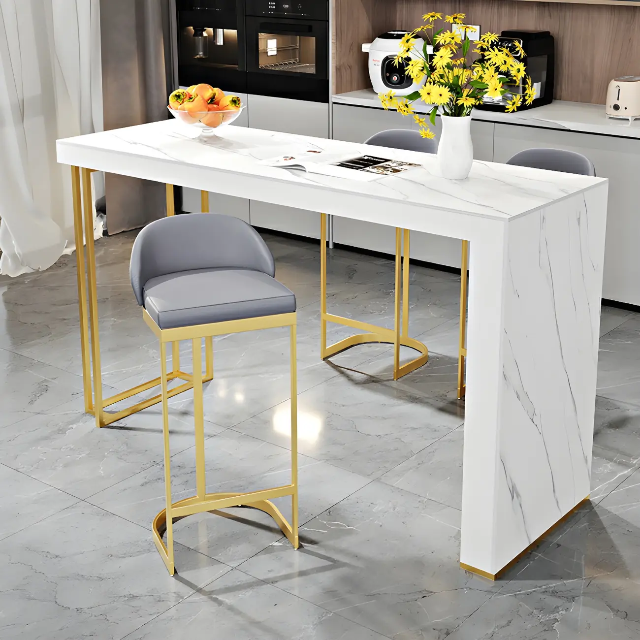 Modern White Stone Gold Metal Bar Table with Storage Image - 3 | homeyfad