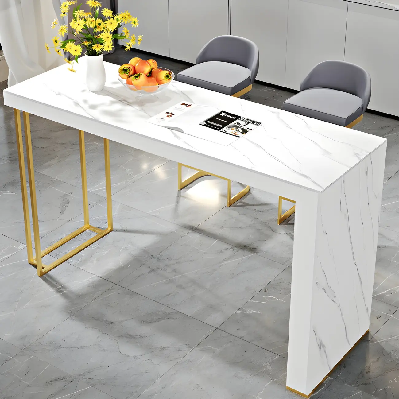 Modern White Stone Gold Metal Bar Table with Storage Image - 4 | homeyfad
