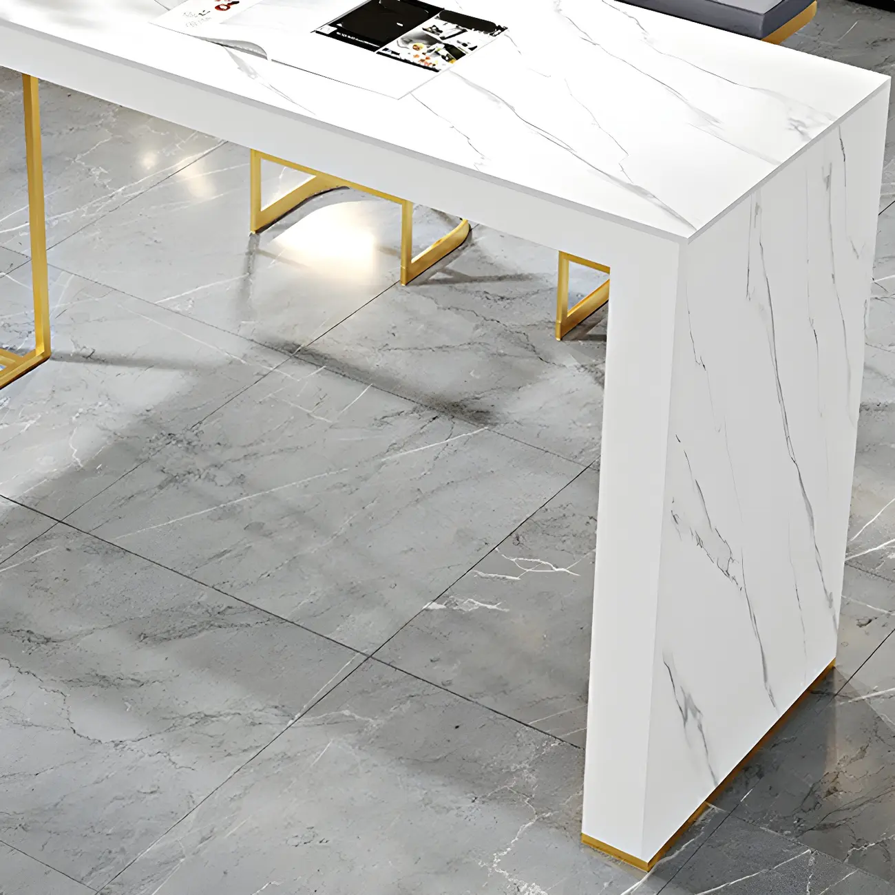Modern White Stone Gold Metal Bar Table with Storage Image - 7 | homeyfad