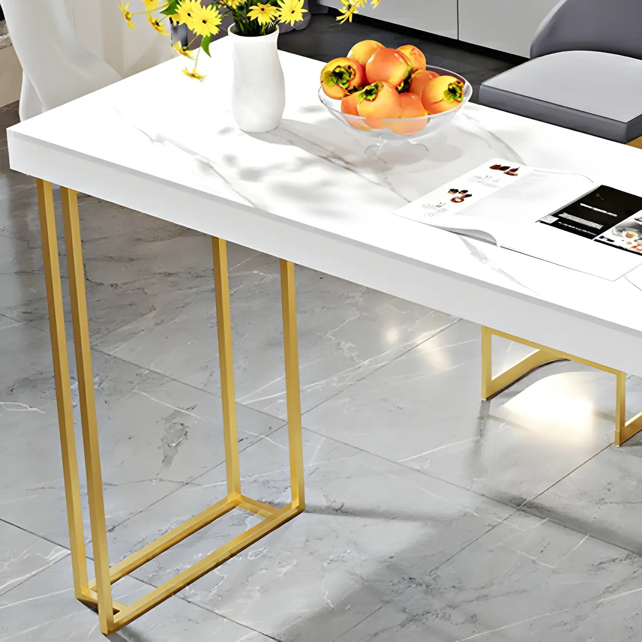 Modern White Stone Gold Metal Bar Table with Storage Image - 9 | homeyfad