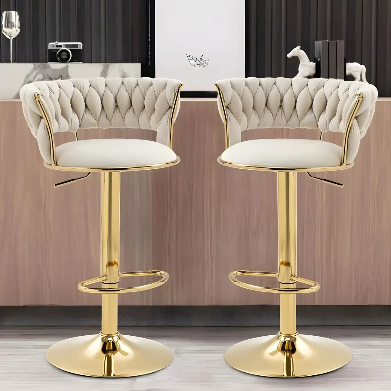 White Fabric Adjustable Gold Base Low Back Bar Stool Image - 1
