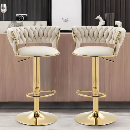 White Fabric Adjustable Gold Base Low Back Bar Stool Image - 1